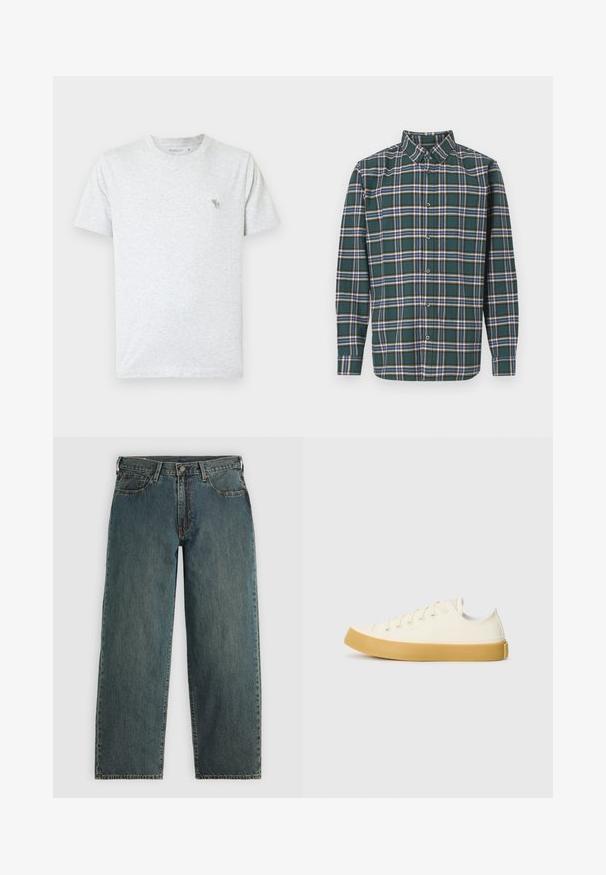Jasnoszary t-shirt wykonany z miękkiej bawełny, z okrągłym dekoltem i krótkimi rękawami. Małe zielone logo zwierzęcia na górnej lewej części klatki piersiowej.; Zielona flanelowa koszula w kratę z niebieskimi, białymi i musztardowymi liniami. Zapięcie na guziki z przodu i spiczasty kołnierzyk. Długie rękawy.; Ciemnoniebieskie dżinsy o prostym kroju, z zapięciem na guzik i zamek, przednimi kieszeniami oraz szlufkami na pasek, na jasnoszarym tle.; Płócienne sneakersy w odcieniu ecru z okrągłym noskiem, charakteryzujące się beżowymi gumowymi podeszwami i pięcioma otworami na sznurówki, z teksturowanym wykończeniem cholewy.