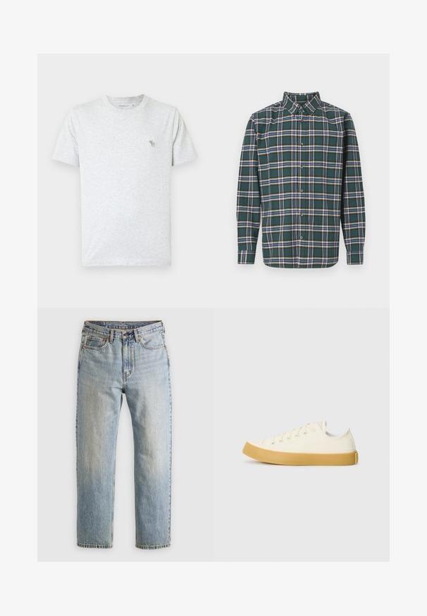 Světle šedé tričko vyrobené z měkké bavlny, se kulatým výstřihem a krátkými rukávy. Malé zelené logo zvířete na horní levé straně prsou.; Zelená flanelová košile s kostkovaným vzorem, která obsahuje modré, bílé a hořčičně žluté pruhy. Zapínání na knoflíky a špičatý límec. Dlouhé rukávy.; Svetle modré džíny z denimu s vysokým pasem, předním knoflíkem, zipem a designem s pěti kapsami, ležící rovně na neutrálním pozadí.; Plátěné tenisky v krémové barvě s kulatou špičkou, s béžovými gumovými podešvami a pěti očky na tkaničky, texturovaný povrch horní části.