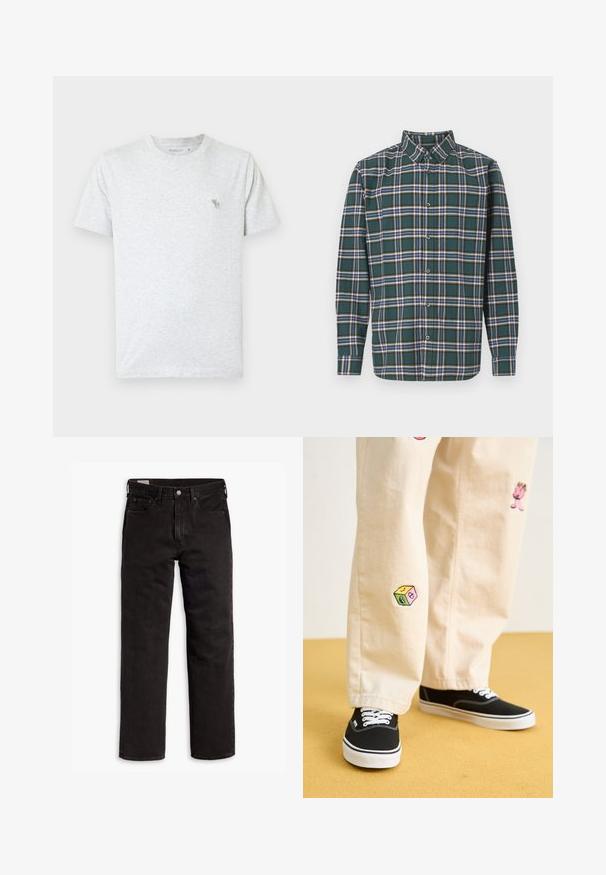 Svetlo šedé tričko vyrobené z jemnej bavlny, s kulatým výstrihom a krátkymi rukávmi. Malé zelené zvieracie logo na hornej ľavej časti hrude.; Zelená flanelová košeľa s károvaným vzorom, ktorá obsahuje modré, biele a horčicovo žlté pruhy. Zapínanie na gombíky vpredu a špičatý golier. Dlhé rukávy.; Čierne džínsy s rovnými nohavicami, s piatimi vreckami, s rozopínaním na gombík a pútkami na opasok, položené na bielom pozadí.; Béžové bavlnené nohavice s hravými vyšívanými vzormi vrátane ružovej postavy a farebného bloku, skombinované s čiernymi šnurovacími teniskami.