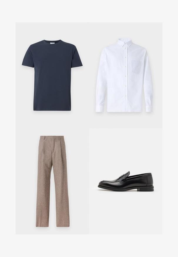 Námorně modré tričko s krátkým rukávem vyrobené z bavlny. Má kulatý výstřih a jednoduchou, hladkou texturu bez viditelných vzorů nebo akcentů.; Bílá dlouhá košile s knoflíky vyrobená z bavlny, která má náprsní kapsu s tónovanou výšivkou, límec a knoflíkové manžety.; Hnědé kalhoty s vysokým pasem vyrobené z texturované látky. Mají široké nohavice a dva přední sklady pro strukturu. Úhledné provedení bez viditelné kovových částí.; Černé kožené polobotky s hladkou texturou, zaoblenou špičkou a zdobným páskem přes nárt. Nízký stohovaný podpatek, minimalistický design.