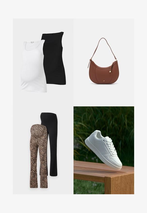 White and black ribbed sleeveless maternity tank tops with scoop necks displayed on plain background.; Two pairs of women’s leggings: one black and one with a brown and black leopard print. Both have a fitted waist and are flared at the hem.; White sneaker with a smooth synthetic upper, perforated toe box, flat laces, and a textured sole, displayed on a wooden surface.; Brown faux leather shoulder bag with curved shape, minimal stitching, and a gold-tone hardware accent. Features a top zipper closure and adjustable strap.