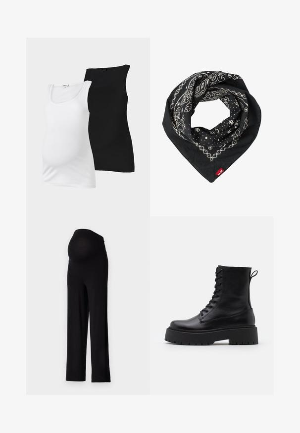 Topuri de maternitate fără mâneci, cu dungi albe și negre, cu decolteu rotund, expuse pe un fundal simplu.; Pantaloni de maternitate negri, cu o talie elastică, ajustată și un design cu picioare largi. Construiti dintr-un material moale, oferind confort și suport.; Botine din piele neagră, până la gleznă, cu vârful rotund, șireturi în față și o talpă groasă din cauciuc cu un model texturat. Fâșie de tragere la spate.; Levi's® PAISLEY BANDANA UNISEX - Eșarfă - regular black