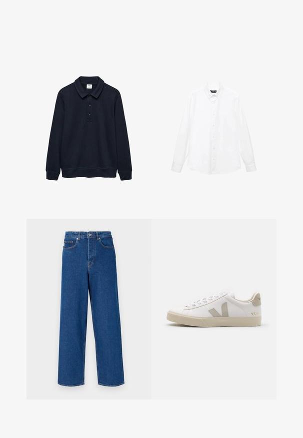 Mornarska polo majica s dolgimi rokavi, narejena iz mehke tkanine, z obrnjenim ovratnikom, tremi gumbi ter rebrastimi manšetami in robom.; Bela dolga majica s kratkimi rokavi z ovratnikom na gumb, sprednjimi gumbi, ravnim robom in mehkimi bombažnimi materiali. Minimalističen dizajn brez vzorcev.; Široke modre jeans hlače iz denima, z visokim pasom, zasnovo petih žepov in kontrastnim šivanjem ob šivih in žepih.; Beli usnjeni copat z bež akcenti, raven gumijast podplat, okrogla konica in kontrastni logotip na strani in zadaj. Zavezovan dizajn.