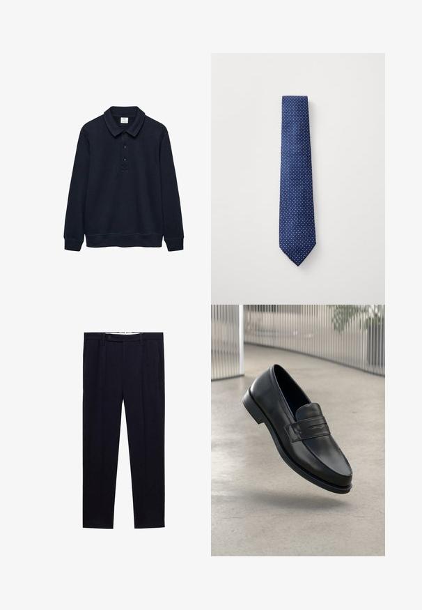 Polo cu mânecă lungă de culoare bleumarin, realizat dintr-un material moale, dotat cu un guler plisat, trei nasturi și manșete și margine ribbate.; Cămașă albă cu mânecă lungă, cu guler ascuțit, având o textură netedă și șapte butoane pe față.; Pantaloni bleu marin cu un design drept, cu pliseuri duble și închidere cu nasture la talie. Fabricat dintr-un material neted, fără modele.; Mocasini negri din piele cu textură fină, vârf ascuțit și o curea decorativă peste laba piciorului. Talpă ușoară, design minimalist.; Cravat bleumarin cu un model mic de buline albe, realizat dintr-un material neted, cu un vârf ascuțit și un design de lățime standard.