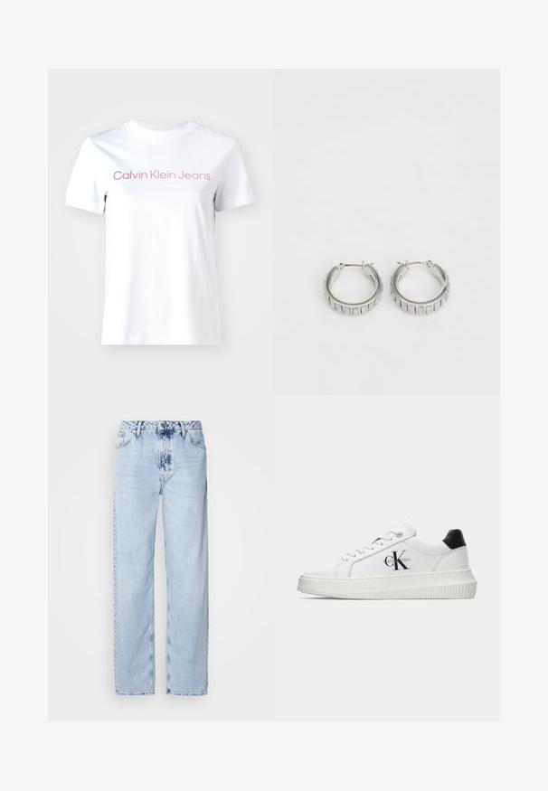 Valge puuvillane T-särk, millel on kerge roosa tekst "Calvin Klein Jeans" rinna peal. Lühikesed varrukad ja ümar kaelus.; Heledad sinise värvi laiad teksad, mis on valmistatud denimist, kõrge vöökoht, pleekinud pesu ja peen tie-dye muster ettepoole.; Valge madalate sokkidega jooksutoss, millel on must konts, platvormi tallad, paelad ja Calvin Kleini "CK" logo küljel.; Hõbedased rõngassõrmed tekstureeritud disainiga, kus on vertikaalsed sooned. Ümmargune kuju ja kindel lukustus. Sile viimistlus.