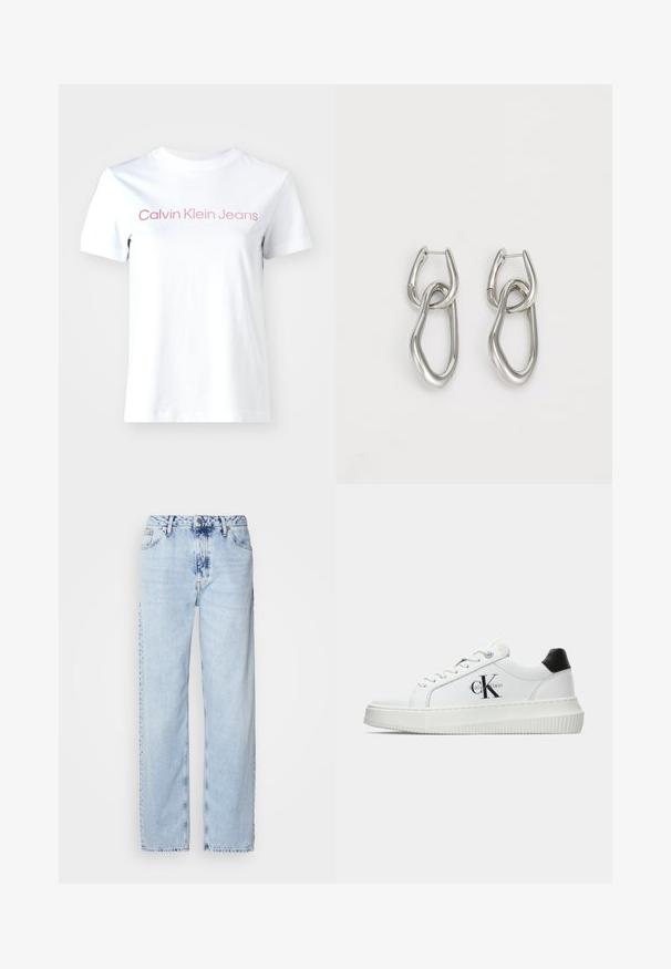 Biela bavlnená tričko so svetloružovým nápisom "Calvin Klein Jeans" na hrudi. Krátke rukávy a okrúhly výstrih.; Svetlomodré široké džínsy vyrobené z denimu, s vysokým pásom, vyblednutým umývaním a jemným vzorom batikovania na prednej strane.; Biele nízke tenisky s čiernym pätkovým dielom, platformovou podrážkou, šnúrkami a logom "CK" značky Calvin Klein na boku.; Calvin Klein STATEMENT LINKS - Náušnice - silver-coloured