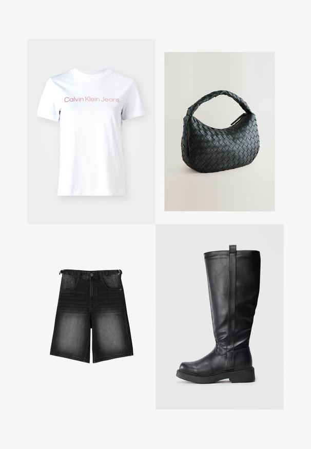Tricou alb din bumbac cu textul "Calvin Klein Jeans" în roz deschis pe piept. Mâneci scurte și decolteu rotund.; Shorts din denim negru cu un finisaj decolorat, cinci buzunare, închidere cu nasture și detalii pentru curea. Materialul are o textură netedă.; Cizme negre până la genunchi, din piele netedă, cu talpă plată, având o cusătură laterală și o mică buclă de prindere în vârf pentru o îmbrăcare ușoară.; Geantă de mână împletită, neagră, cu o formă rotundă, suprafață texturată și un mânere gros împletit. Dispune de un sistem de închidere cu fermoar pentru stocare în siguranță.