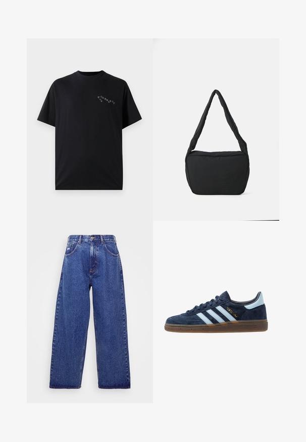 Camiseta preta de algodão com decote redondo e mangas curtas. Apresenta um pequeno logótipo branco da Carhartt na área do peito esquerdo.; Jeans de denim azul de perna larga, com cintura alta, apresentando cinco bolsos, fecho de botão e um desbotado discreto para textura.; Sapatilha Adidas em camurça azul marinho com riscas azul claras, sola de borracha, tab para o calcanhar azul claro e a marcação dourada "Spezial" na lateral.; Saco preto de ombro com uma textura almofadada, uma forma arredondada e uma alça larga, apresentando um logótipo em relevo na parte da frente.