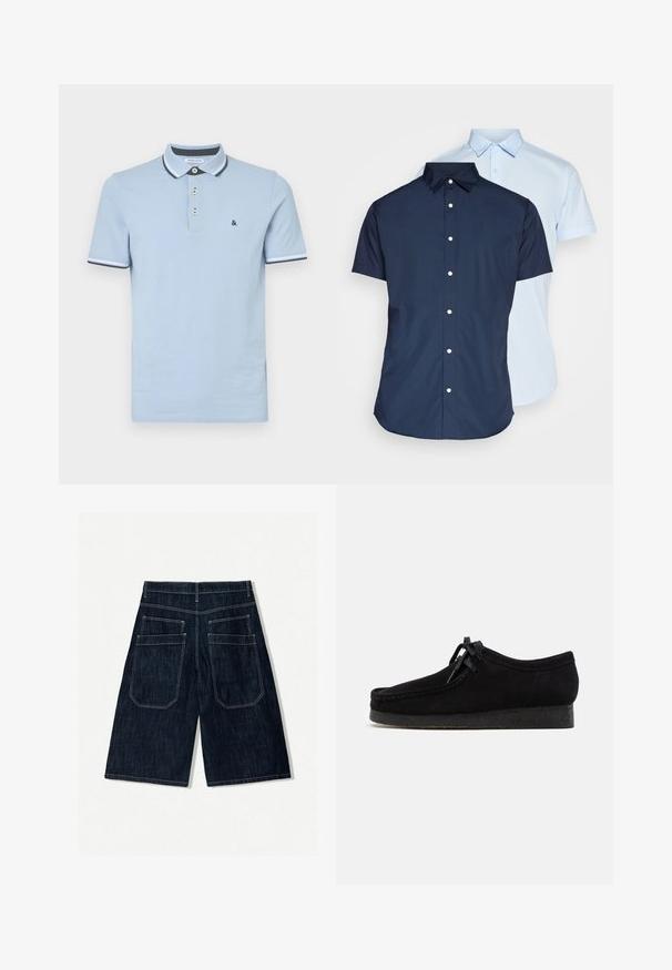 Jasnoniebieska koszulka polo wykonana z bawełny, z trzyguzkowym zapięciem, kontrastowym kołnierzykiem oraz prążkowanymi mankietami w ciemnoniebieskie akcenty.; Koszule zapinane na guziki z krótkim rękawem, jedna granatowa i jedna jasnoniebieska, z kołnierzykami, listwą z przodu i gładką fakturą tkaniny.; Granatowe szorty dżinsowe o luźnym kroju, z dwoma tylnymi kieszeniami, kontrastowym przeszyciem i prostym krojem nogawki.; Czarne zamszowe buty z okrągłym noskiem, sznurowanym przodem i teksturowaną czarną gumową podeszwą. Gładka cholewka z delikatnymi detalami szycia.