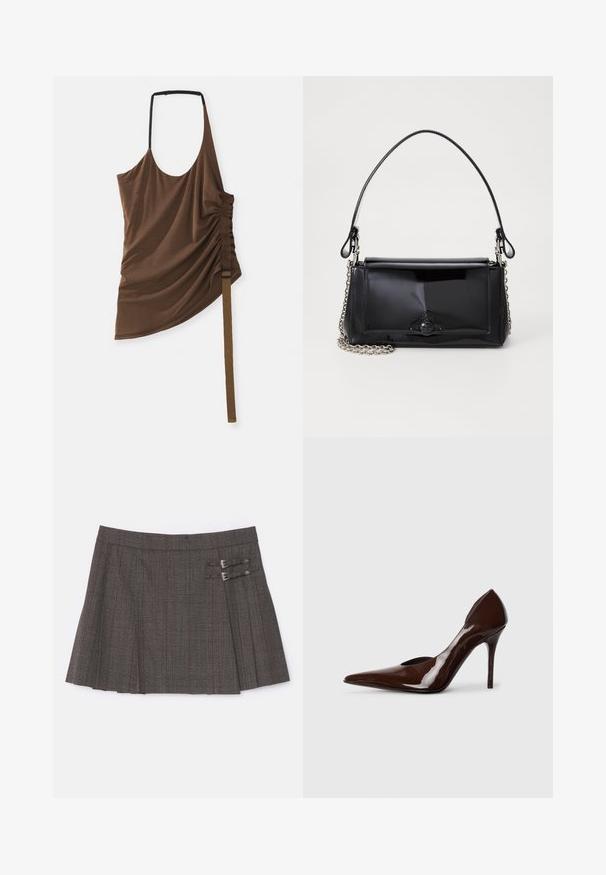 Top marrone senza maniche con design drappeggiato, un lato arricciato con una tracolla testurizzata e dettaglio della fibbia regolabile. Finitura in tessuto liscia.; The Kooples JUPE - Minigonna - brown; Décolleté in vernice marrone con tacco alto, punta affusolata e lati intagliati, caratterizzata da un tacco sottile e una finitura liscia.; Borsa a tracolla in vernice nera con forma rettangolare, tracolla a catena e un distintivo accessorio in metallo al centro. Texture liscia.