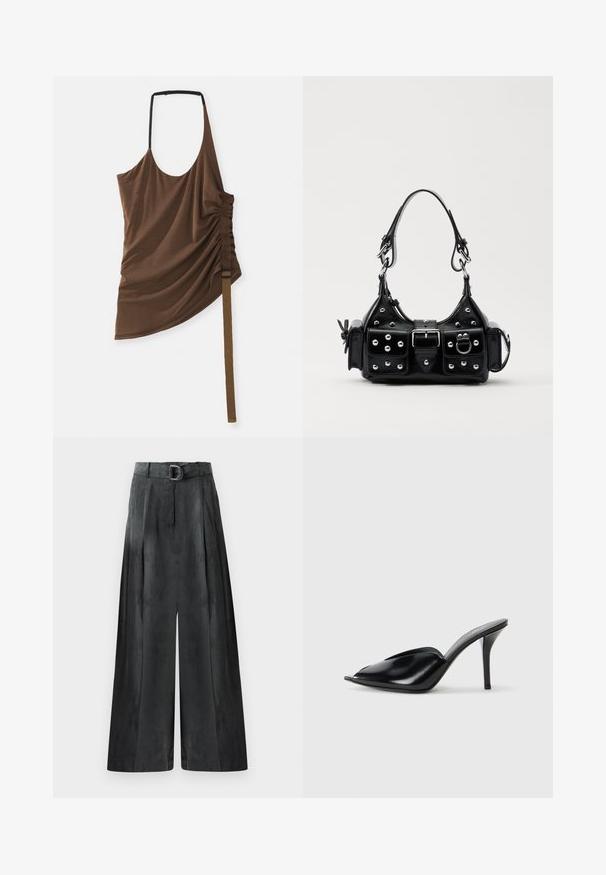 Brown, sleeveless top with a draped design, one side ruched with a textured strap and adjustable buckle detail. Smooth fabric finish.; Wide-leg trousers in dark gray, featuring a smooth texture, pleats, and a belt with a silver buckle at the high waist.; Black leather high-heeled mules with an open toe, pointed design, smooth texture, and a slim stiletto heel.; Black leather handbag with a curved design, featuring silver studs, a buckle, and two side pockets. Adjustable strap for carrying options.