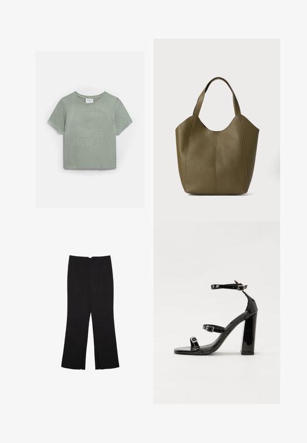Ljusgröna bomullst-shirt med korta ärmar, med "Juicy" broderat i strass över bröstet. Klassisk rund halsringning.; Svarta byxor med rak passform, utrustade med framfickor och sidoklyvningar vid fållen. Tillverkade av mjukt, slätt tyg. Lämpliga för olika tillfällen.; Svarta lackerade klacksandaler med fyrkantig tå, ankelremmar och silverfärgade spännen. Har en kraftig blockklack för stabilitet.; Olivgrön läderaxelväska med dubbla remmar, slät textur och design med fyra paneler. Förstärkt sömnad längs sömmarna för hållbarhet.