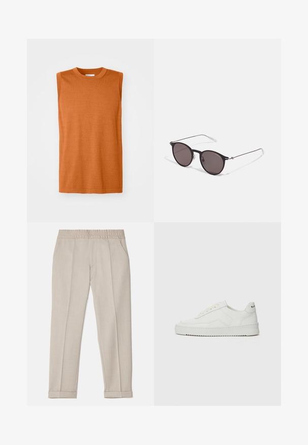 Top arancione senza maniche con scollatura rotonda, texture liscia e design a taglio dritto, caratterizzato da un orlo pulito e dettagli minimi.; Filippa K TERRY CROPPED TROUSERS - Pantaloni - sage melange; Sneaker in pelle bianca con una finitura liscia, punta rotonda, lacci piatti e suola testurizzata. Presenta un logo discreto sul tallone.; Occhiali da sole neri rotondi con lenti scure e sottili bracci in metallo. Include punte trasparenti e accenti argentati alla cerniera. Design minimalista.