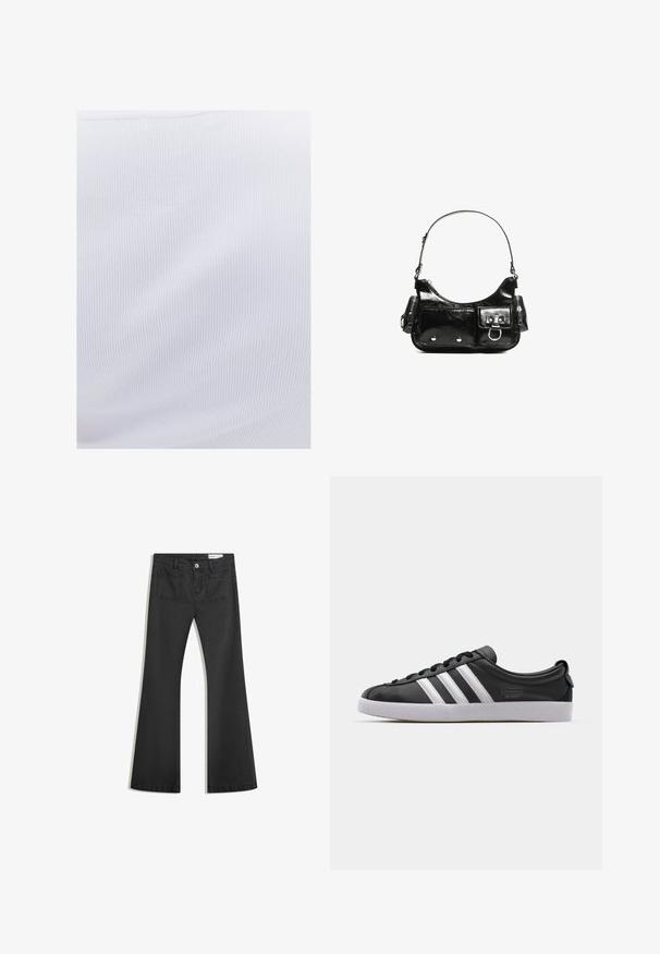 White ribbed fabric with a smooth texture and vertical lines, featuring slight stretch, suitable for form-fitting garments.; Black flared jeans made of denim with a smooth texture, featuring two back pockets and a button closure at the waist.; Black leather sneaker with white three-stripe design, rounded toe, flat white rubber sole, and branded detail on the side.; Black patent leather handbag with a curved shape, one shoulder strap, front pockets, and silver-tone hardware accents.