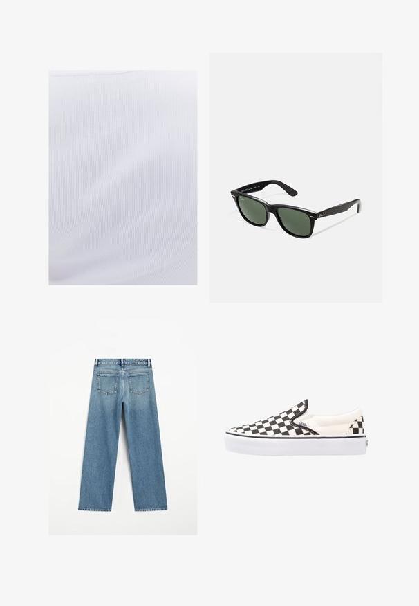 Witte ribstof met een gladde textuur en verticale lijnen, met een lichte rek, geschikt voor aansluitende kleding.; Lichtblauwe spijkerbroek met wijde pijpen, voorzien van twee achterzakken en een rafelige zoom. Gemaakt van een gestructureerde katoenstof.; Zwart-wit geblokte slip-on Vans schoenen met een canvas bovenwerk, rubberen buitenzool en gewatteerde kraag. Vlakke, ronde neus met witte zoolaccenten.; Zwarte plastic zonnebril met groene lenzen, vierkante montuur, zilveren accent op de wenkbrauw en een gestructureerde tempel. Merken vermeld op de binnenkant van de arm.