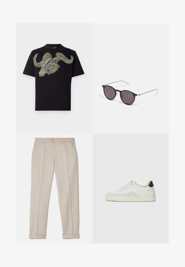 Black short-sleeve t-shirt featuring a bold graphic of a bull's head in gold, white, and blue swirling lines on the front. Cotton fabric.; Filippa K TERRY CROPPED TROUSERS - Trousers - sage melange; White sneaker with suede accents, rounded toe, flat laces, and a cream rubber sole. Features green branding on the heel.; Black round sunglasses with dark lenses and slim metal arms. Includes clear temple tips and silver accents at the hinge. Minimalist design.