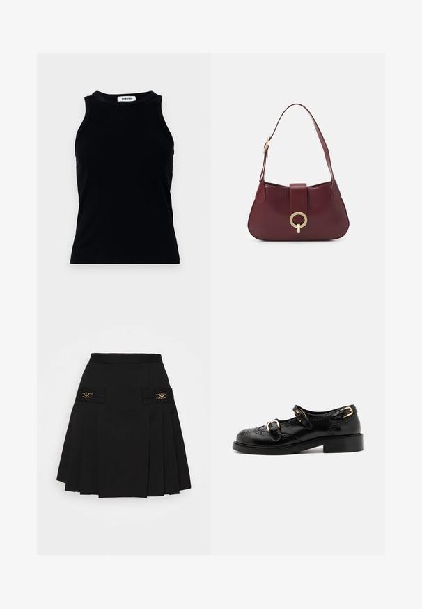 Top a manica lunga nero a costine con scollatura rotonda e spalline larghe. Senza decorazioni o fantasie. Tessuto liscio.; Gonna plissettata nera con dettagli in metallo dorato. Presenta tasche laterali con logo, realizzata in materiale liscio. Silhouette a forma di A.; Scarpe in pelle nera con dettagli brogue, dotate di due cinturini con fibbia, punta arrotondata e tacco basso. Texture liscia con finitura lucida.; Borsa a tracolla in pelle borgogna con forma curva, accentuata da un hardware oro circolare e una singola tracolla. Texture liscia, design minimalista.