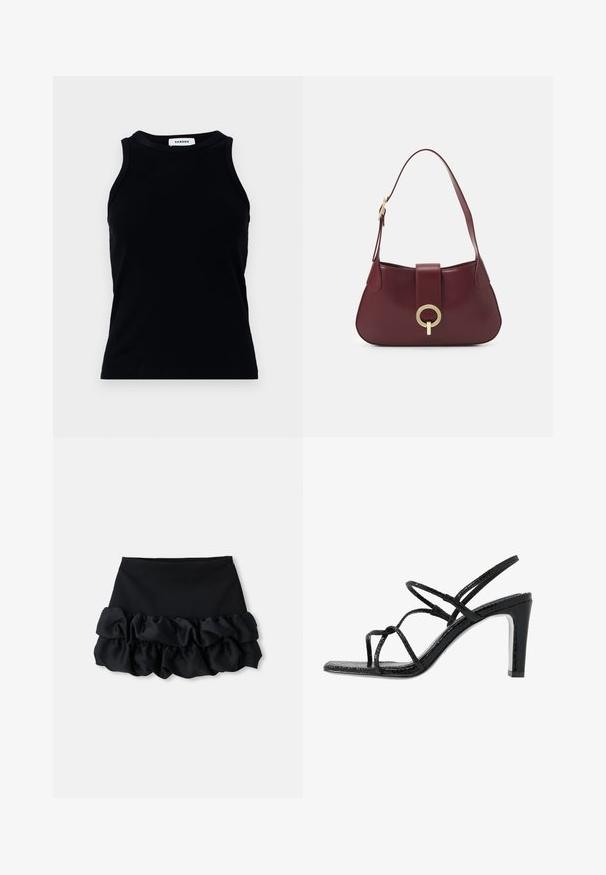 Top din bumbac negru cu un guler rotund și bretele late. Nu are detalii decorative sau modele. Textură netedă.; Fustă mini neagră cu un top ajustat și trei straturi de material plisat în partea de jos, având o textură netedă și linii curate.; Sandale negre cu toc, cu barete subțiri, finisaj texturat, vârful deschis și un design elegant al tocului ascuțit. Au o talpă interioară netedă și o suprafață strălucitoare.; Geantă de mână din piele bordeaux, cu o formă curbă, un accent de hardware circular auriu și o curea de umăr simplă. Textură netedă, design minimalist.