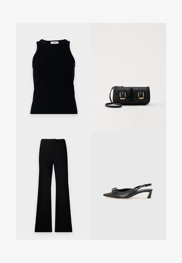 Débardeur noir à côtes avec un col rond et de larges bretelles. Ne présente ni ornements ni motifs. Texture lisse.; Pantalons évasés noirs avec une texture lisse, une taille cintrée et des poches avant, conçus avec une silhouette moderne et élégante.; Chaussure slingback en cuir noir avec un bout pointu, un petit talon et un détail de boucle décoratif sur le dessus. Texture lisse, design minimaliste.; Sac en cuir noir porté en travers avec deux poches avant, boucles dorées, fermeture zippée et une sangle fine. Surface texturée et forme rectangulaire compacte.