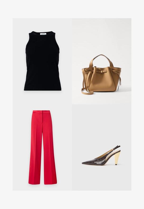 Zwarte ribben tanktop met een ronde halslijn en brede schouderbanden. Bevat geen versieringen of patronen. Gladde textuur.; Rode wijde broek met een soepele textuur, een platte tailleband en een gestructureerd ontwerp, met plooien aan de voorkant en een getailleerde pasvorm.; Puntige slingback hak in donkerbruin glanzend faux krokodillenleer. Kenmerkt zich door een goudkleurige geometrische hak en een verstelbare enkelband.; Tory Burch ROMY PEBBLED SATCHEL - Handtas - tiramisu