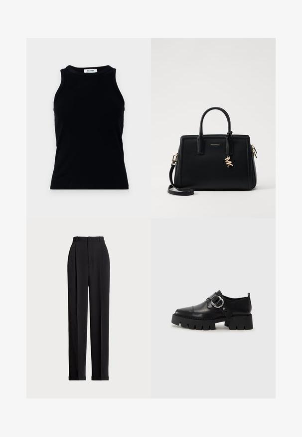 Černý žebrovaný top bez rukávů s kulatým výstřihem a širokými ramínky. Bez ozdob a vzorů. Hladká textura.; Černé elegantní kalhoty s vysokým pasem, zdobené sklady vpředu, rovný střih nohavic a cuffed lem. Vyrobeno z hladké látky.; Černé kožené boty s robustní ribkovanou podešví, zdobené kruhovým stříbrným kovovým prvkem a minimálním švem.; Černá kožená kabelka se strukturovaným designem, dvojitými horními uchy, odnímatelným ramenním popruhem, zlatými doplňky a akcentem ve formě logového charm.