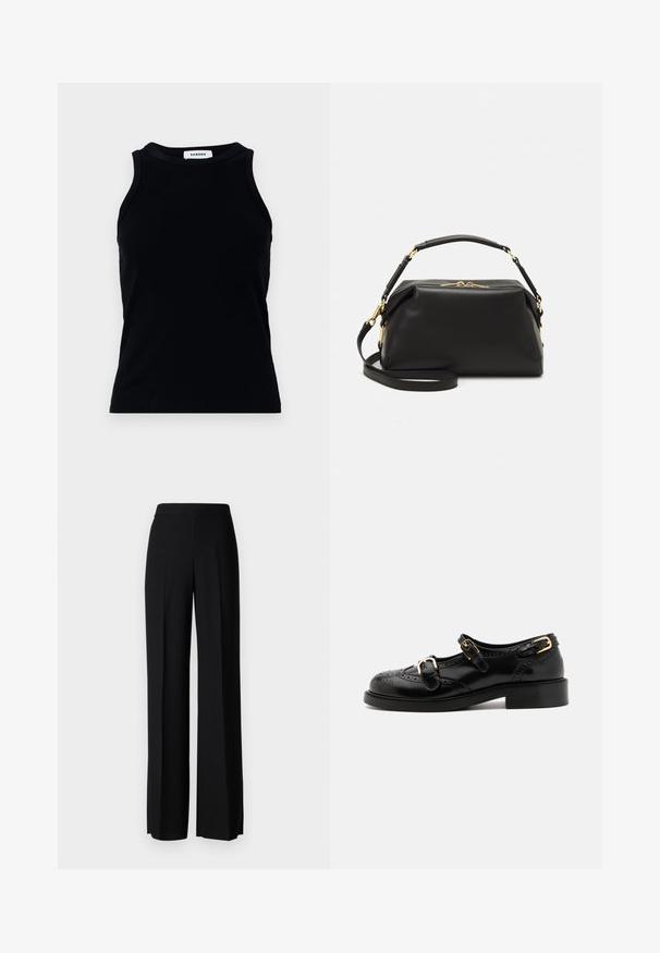 Zwarte ribben tanktop met een ronde halslijn en brede schouderbanden. Bevat geen versieringen of patronen. Gladde textuur.; Zwarte wijde broek met een gladde textuur, voorzien van een hoge tailleband en middelste plooien. Geen zichtbare patronen of hardware-details.; Zwarte leren schoenen met brogue-details, voorzien van twee gespsluitingen, een ronde neus en een lage hak. Glad oppervlak met een glanzende afwerking.; sandro Handtas - noir