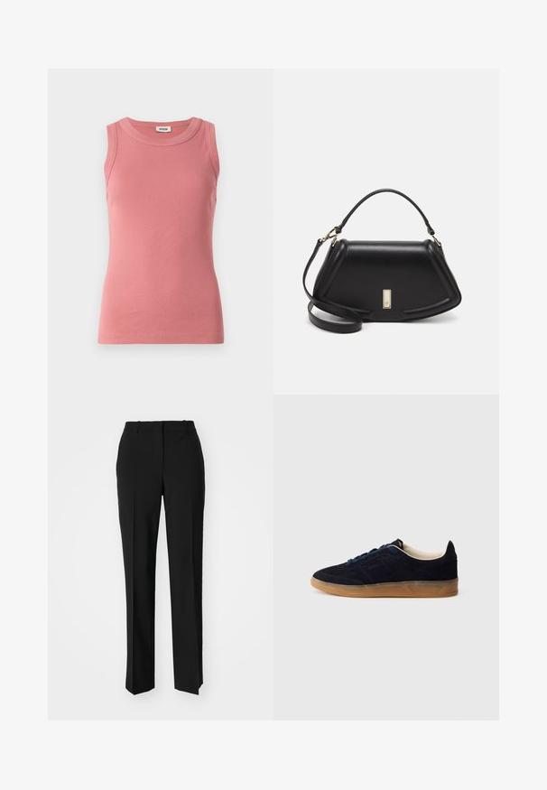 Lyserød ribbet tanktop med rund halsudskæring, uden ærmer og tætsiddende silhuet, fremstillet af et blødt, strækbart materiale.; Sorte skræddersyede bukser med lige ben-design, der har en glat tekstur og skarpe folder langs fronten. Ingen synlige hardware.; Marineblå ruskindssneaker med gummisål, blå snørebånd og minimalistisk design. Indeholder præget logo på siden og glat inderfor.; Sort læderhåndtaske med en struktureret design, der har en kortet form, tophåndtag og guld hardware-accenter. Justerbar skulderrem inkluderet.