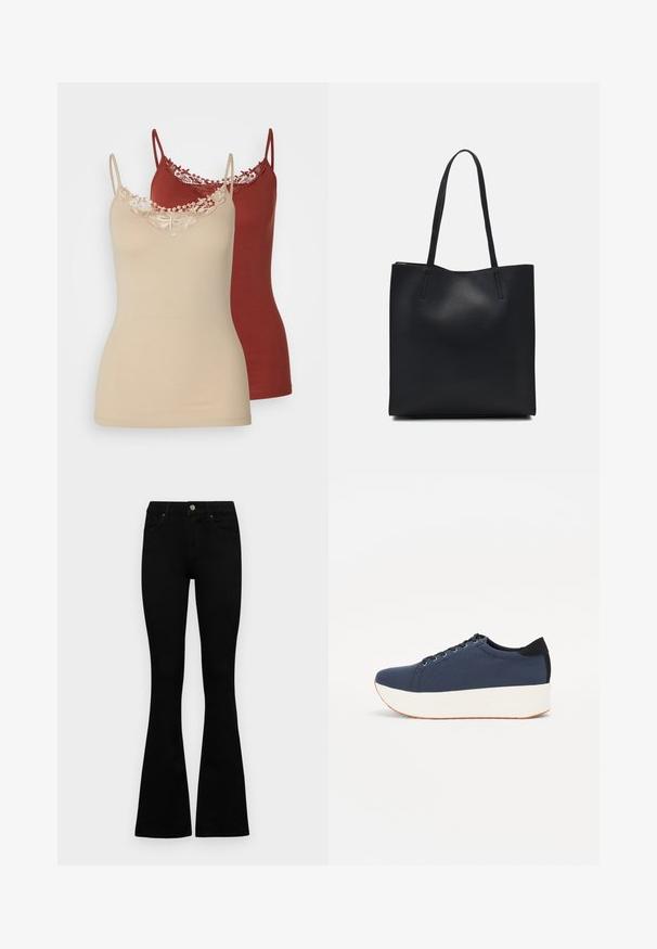 Two camisoles in beige and burgundy. Both feature thin straps and lace trim at the neckline. Smooth fabric with a fitted design.; Black flared jeans made of denim. Features a button closure, five pockets, and a smooth texture. The flared leg starts below the knee.; Navy blue sneaker with a textured fabric upper, white platform sole, rounded toe, and black heel accent. Features six eyelets for laces.; Black leather tote bag with smooth texture, rectangular shape, and two long handles. No visible hardware or embellishments.