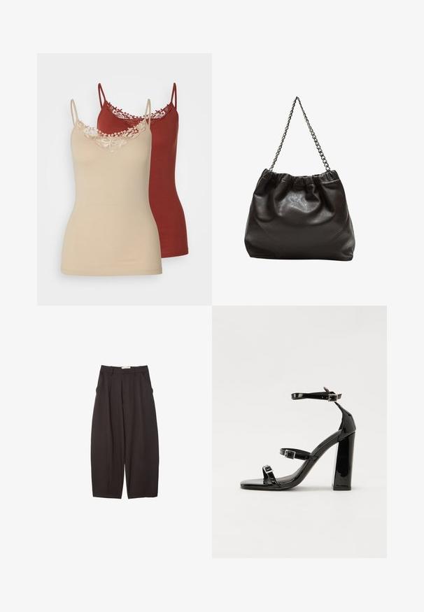Dwie koszulki nocne w odcieniach beżu i burgundowym. Obie z cienkimi ramiączkami i koronkowym wykończeniem przy dekolcie. Gładki materiał i dopasowany krój.; Czarne spodnie o szerokich nogawkach wykonane z gładkiego materiału, z wysokim stanem, plisami z przodu i bocznymi kieszeniami. Prosty fason bez zdobień.; Czarne lakierowane sandały na obcasie z kwadratowym noskiem, z paskami wokół kostki i srebrnymi klamrami. Posiadają masywny słupek dla stabilności.; Brązowa skórzana torba z marszczonym szczytem i łańcuszkowym paskiem. Gładka tekstura z błyszczącym wykończeniem i subtelnymi detalami szwów po bokach.