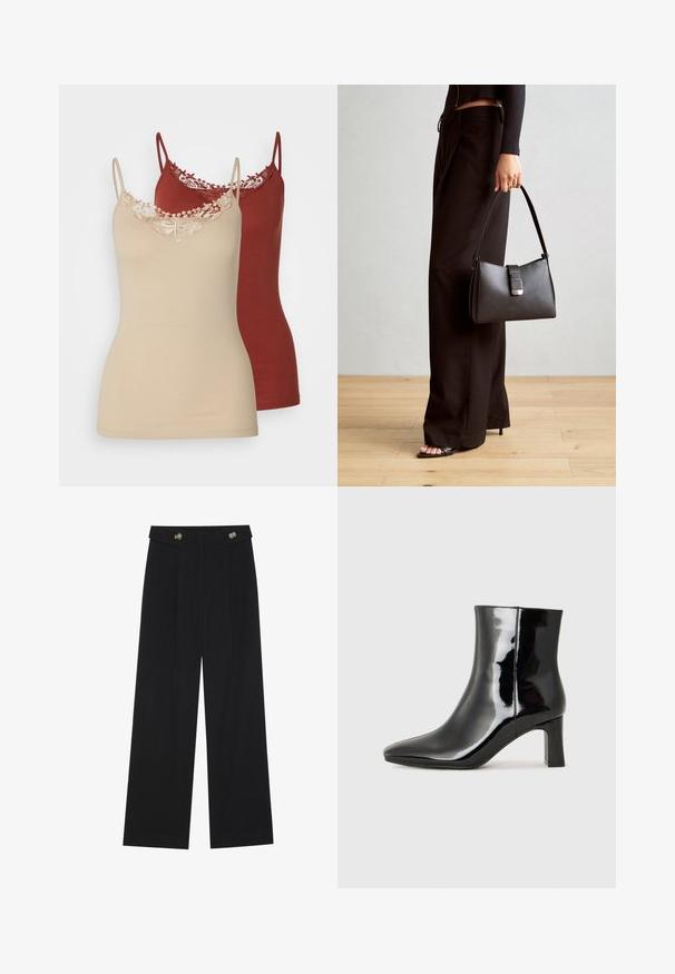 Dos camisetas sin mangas en beige y burdeos. Ambas presentan tirantes finos y un borde de encaje en el escote. Tela suave con un diseño ajustado.; Pantalones de pierna ancha negros con cintura alta, detalles de botones en la cinturilla y pliegues en la parte delantera.; Botín de charol negro con punta afilada y un tacón de bloque de altura media. Textura suave y diseño minimalista.; Bolso negro con forma estructurada, textura suave y un cierre metálico. Combinado con pantalones anchos negros y sandalias de dedo en un suelo de madera.