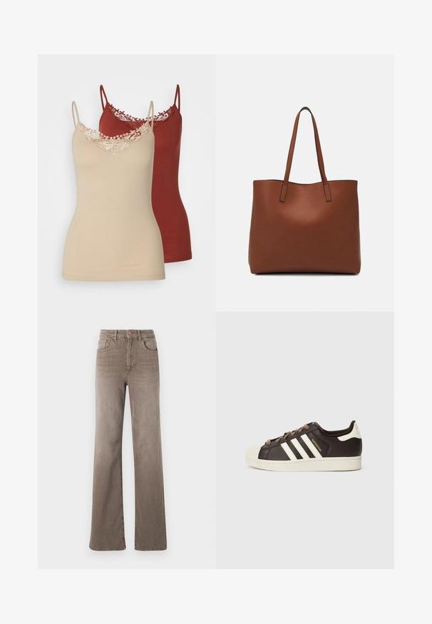 Două topuri din satin în nuanțele bej și burgund. Ambele au bretele subțiri și dantele la decolteu. Material uniform cu un design ajustat.; Jeans maro cu talie înaltă, drept, cu buton frontal, bucle pentru curea și design clasic cu cinci buzunare, pe un fundal alb.; Pantof sport Adidas Superstar cu model slip-on, din piele maro închis, cu vârf shell crem, dungi albe și inscripția „Superstar” pe lateral.; Geantă de umăr din piele maro cu o textură netedă, design cu vârf deschis și două curele pentru umăr. Prezintă cusături minime și fără componente metalice vizibile.