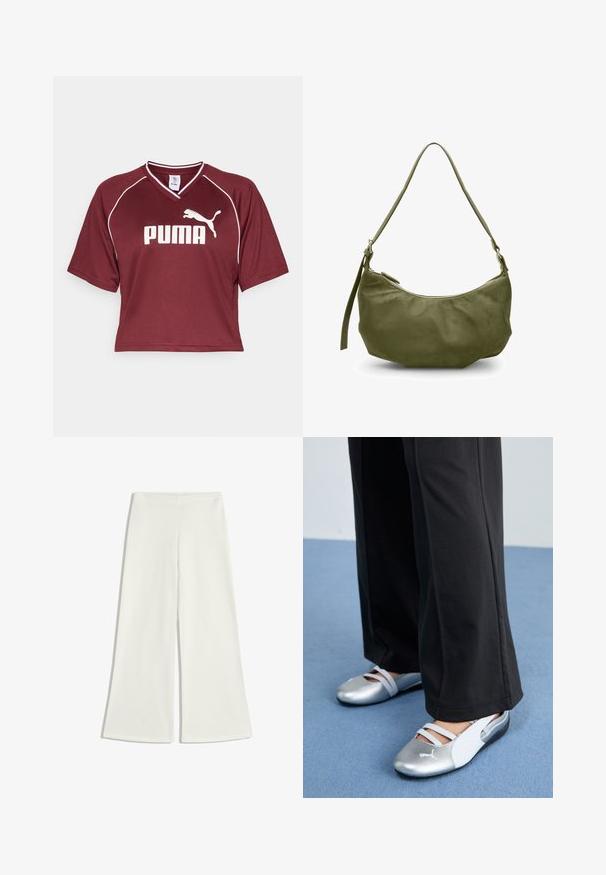 Maroon short-sleeve, cropped sports shirt with a V-neck and white accents. Features a prominent white "PUMA" logo on the front.; White wide-leg trousers made of smooth fabric. They feature a high waistline and no visible seams, creating a clean silhouette.; Silver and white flat shoes with crossover straps and textured detailing, complemented by loose black trousers. Set against a blue floor.; Olive green leather shoulder bag with a curved shape, zip closure, and adjustable strap. Smooth texture with minimal hardware accents.