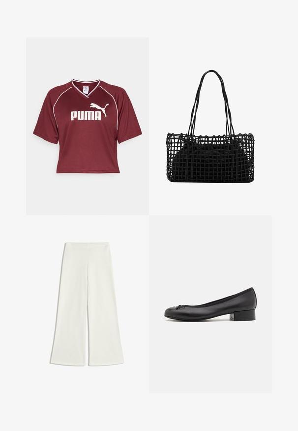 Maroon short-sleeve, cropped sports shirt with a V-neck and white accents. Features a prominent white "PUMA" logo on the front.; White wide-leg trousers made of smooth fabric. They feature a high waistline and no visible seams, creating a clean silhouette.; Black leather ballet flats with a small rectangular heel, rounded toe, decorative bow detail, and elastic trim at the opening.; Black woven handbag with an open netted design and two long handles. Features a solid black interior bag for storage.