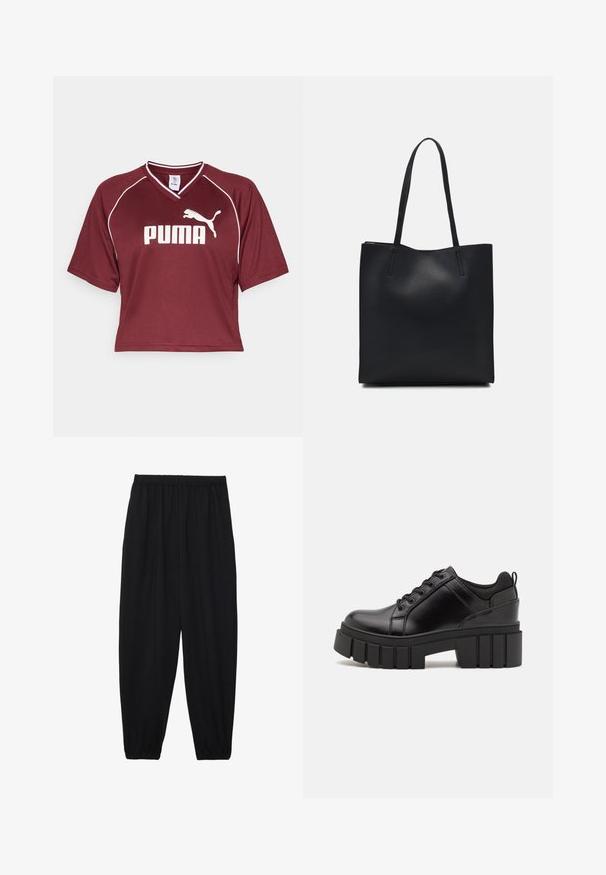Bordo kratka majica s kratkimi rokavi, skrajšana športna majica z V-izrezom in belimi detajli. Ponaša se z izrazitim belim logotipom "PUMA" spredaj.; Črne, lahke hlače z elastičnim pasom in nabranimi gležnji. Tkanina je gladka in ima sproščen, taperiran dizajn.; Črne usnjene platforme z debelim blokastim petam, okroglo konico in klasičnim vezanjem. Imajo gladko teksturo in minimalne podrobnosti.; Črna usnjena torba s svilnato teksturo, pravokotne oblike in dvema dolgima ročajema. Brez vidnih metalnih delov ali okrasnih elementov.