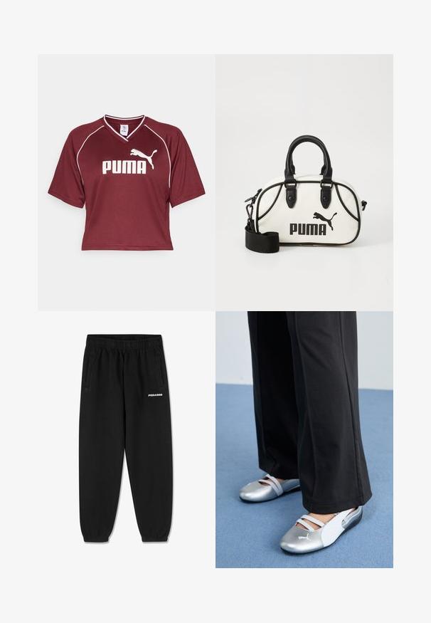Camiseta deportiva corta de manga corta y color burdeos con escote en V y detalles en blanco. Presenta un destacado logo blanco de "PUMA" en la parte delantera.; Pantalones de chándal negros hechos de un tejido suave, con una cintura ajustable con cordón, piernas estrechas y bolsillos laterales. Logo "PEGADOR" en blanco en la parte frontal.; Zapatos planos plateados y blancos con cintas cruzadas y detalles texturizados, complementados con pantalones negros holgados. Colocados sobre un suelo azul.; Bolso blanco con detalles en negro, con logo de Puma. Asa corta y redondeada y una correa desmontable, fabricado en material sintético texturizado.