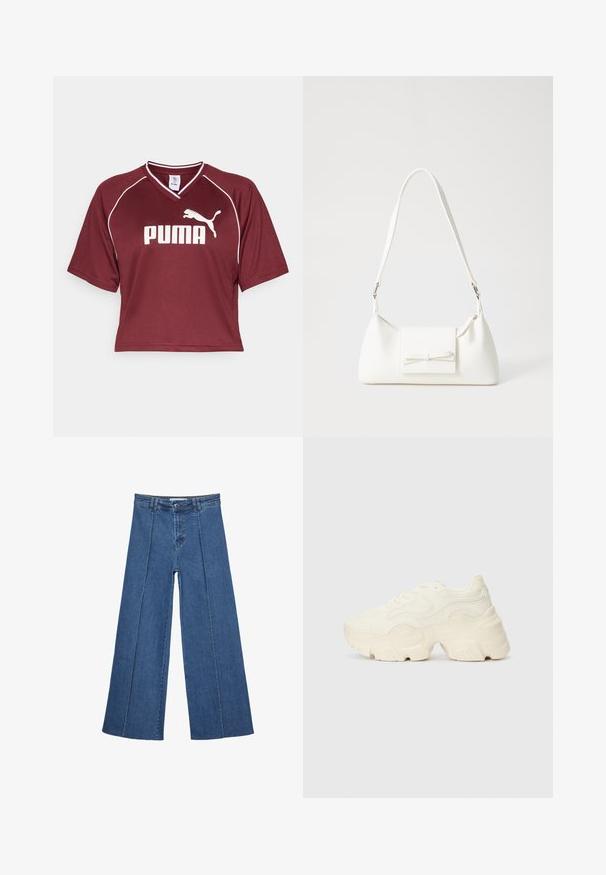 Vínová sportovní košile s krátkým rukávem, cropped střih, s V-výstřihem a bílými akcenty. Na přední straně se nachází výrazné bílé logo "PUMA".; Džíny s širokými nohavicemi v středně modré barvě, se zvýšeným pasem, knoflíkovým zapínáním a kontrastními vertikálními švy vpředu.; Chunky bílé tenisky vyrobené z texturované síťoviny a syntetických materiálů, s tlustou podrážkou a složitými vzorovými detaily podél stran.; Bílá syntetická kabelka v trojúhelníkovém tvaru, s plochým předním klopným víkem a detailem mašle, nastavitelným popruhem, hladkým povrchem a minimalistickým designem.