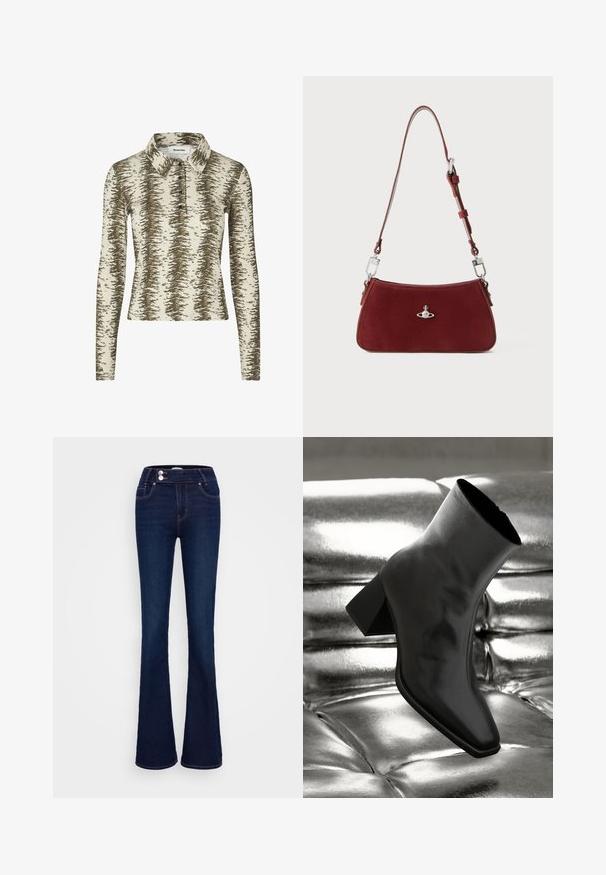 Beige garās piedurkņu polo krekls ar brūnu abstraktu rakstu, kura sastāvdaļas ir apkakle, trīs pogu aizdare un ribota faktūra.; Tumši zili plati džinsi ar augstu jostasvietu, divām priekšējām kabatām un diviem pogu aizdariem. Izgatavoti no gludas tekstūras džinsa auduma.; Melnas potītes kurpes, izgatavotas no spīdīga materiāla, ar kvadrātveida purngalu un konusveida papēdi, novietotas uz spīdīga sudraba izšūta fona.; Sarkans zamšs plecu soma ar izliekta formu. Iezīmēta ar sudraba toņa akcentu un regulējamu siksnu ar metāla detaļām. Gluda tekstūra.