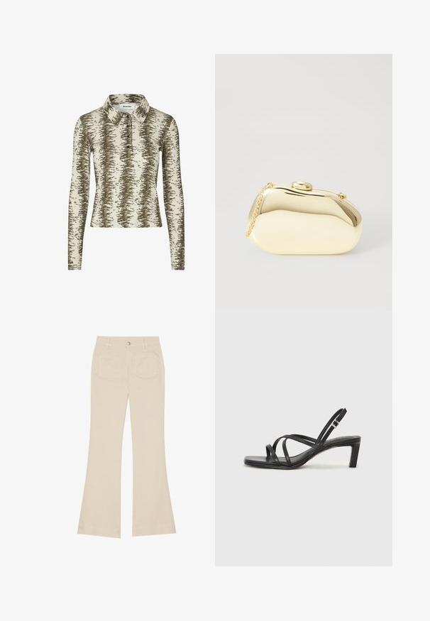 Langærmet polo skjorte i beige med brunt abstrakt mønster, der har krave, tre-knaps knaplukning og ribbet tekstur.; Beige flared bukser med høj talje, lavet af bomuldsstof. Har front- og baglommer, bæltestropper og en enkelt sølvknap.; Sort remsandale med firkantet tå og en lav blokeret hæl. Har flere tynde stropper og en justerbar ankelrem. Fremstillet af glat læder.; Metallic guld clutch med en glat, rund form, udstyret med en topknap-lås og et lille kædehåndtag til bæring.