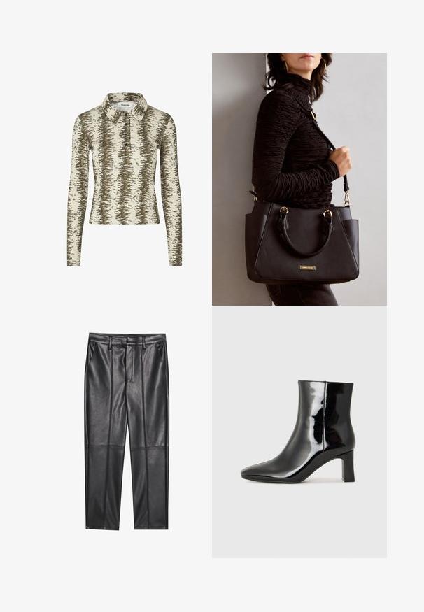 Langærmet polo skjorte i beige med brunt abstrakt mønster, der har krave, tre-knaps knaplukning og ribbet tekstur.; Sorte læderbukser med en glat overflade, der har lige pasform, to forlommer og synlige sømdetaljer.; Sort lakeret ankelstøvle med spids tå og en midt-højde blokhæl. Glat tekstur og minimalistisk design.; Sort håndtaske med struktureret overflade, dobbelt topbærere og justerbar skulderrem. Udstyret med guldfarvet metalhardware og sidelommer.