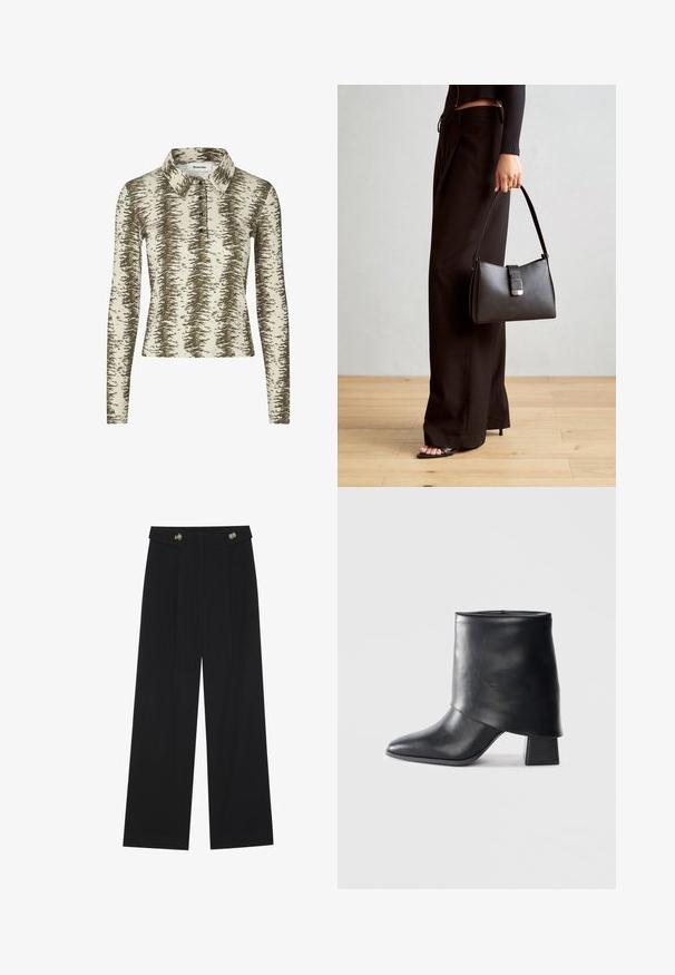 Beige garās piedurkņu polo krekls ar brūnu abstraktu rakstu, kura sastāvdaļas ir apkakle, trīs pogu aizdare un ribota faktūra.; Melnas platās bikses ar augstu jostasvietu, pogu detaļām uz jostas un priekšējām krokām.; Melnas ādas potītes zābaki ar norādītu purngalu, gludu tekstūru un strukturētu blokveida papēdi. Iezīmē augstu, salocītu apkakles dizainu.; Melnā somiņa ar strukturētu formu, gludu tekstūru un metālu sprādzi. Saskaņota ar platām melnām biksēm un sandālēm ar atvērtu purngalu uz koka grīdas.