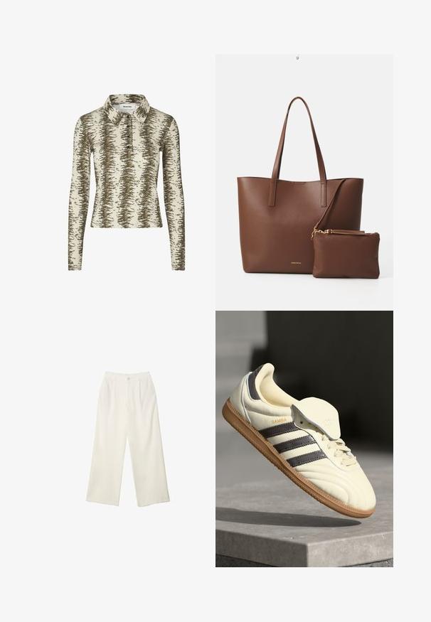 Langærmet polo skjorte i beige med brunt abstrakt mønster, der har krave, tre-knaps knaplukning og ribbet tekstur.; Bredde bukser i cremefarvet stof med en glat tekstur, der har en enkelt knap foran, diskrete folder og design med høj talje.; Cremefarvede lædersneakers med tre mørke striber, en brun gummisål og en afrundet tå. Har en foldbar tunge mærket "SAMBA."; Brun faux læder tote taske med to lange håndtag og en matchende lille pung. Overfladen har et struktureret mønster og guldfarvede hardware detaljer.