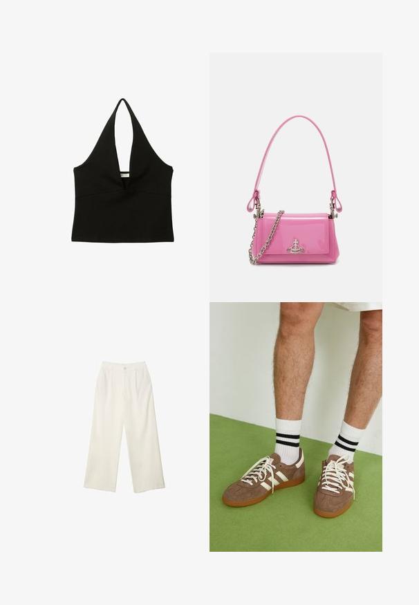 Černý halter top s hlubokým výstřihem do V. Vyrobený z hladké tkaniny, má přiléhavý siluetu a čistý lem. Žádné kovové prvky ani doplňky.; Široké kalhoty z krémové látky s hladkým povrchem, s jediným předním knoflíkem, jemnými skladbami a vysokým pasem.; Hnědé semišové tenisky s bílými akcenty a tkaničkami. Gumová podrážka. Nošeny s bílými ponožkami s černými pruhy. Zelená strukturovaná podlaha.; Růžová lakovaná kabelka obdélníkového tvaru, odnímatelný řetízkový popruh a stříbrné kovové detaily na přední straně.