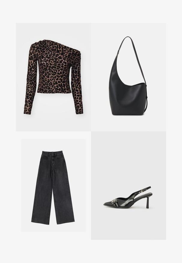Top de manga longa, com uma ombro só, em tecido castanho com padrão de leopardo negro e detalhes texturizados ao longo do ombro.; Calças de ganga largas pretas com uma cintura alta, design clássico de cinco bolsos e desbotamento subtil. Tecido durável com uma textura suave.; Sapato slingback preto em pele patentada com bico apontado, tiras no tornozelo apresentando fivelas e acessórios prateados, e um salto elegante.; Saco hobo preto em pele com uma textura lisa, forma curva e uma única alça ajustável; apresenta uma abertura larga na parte de cima.