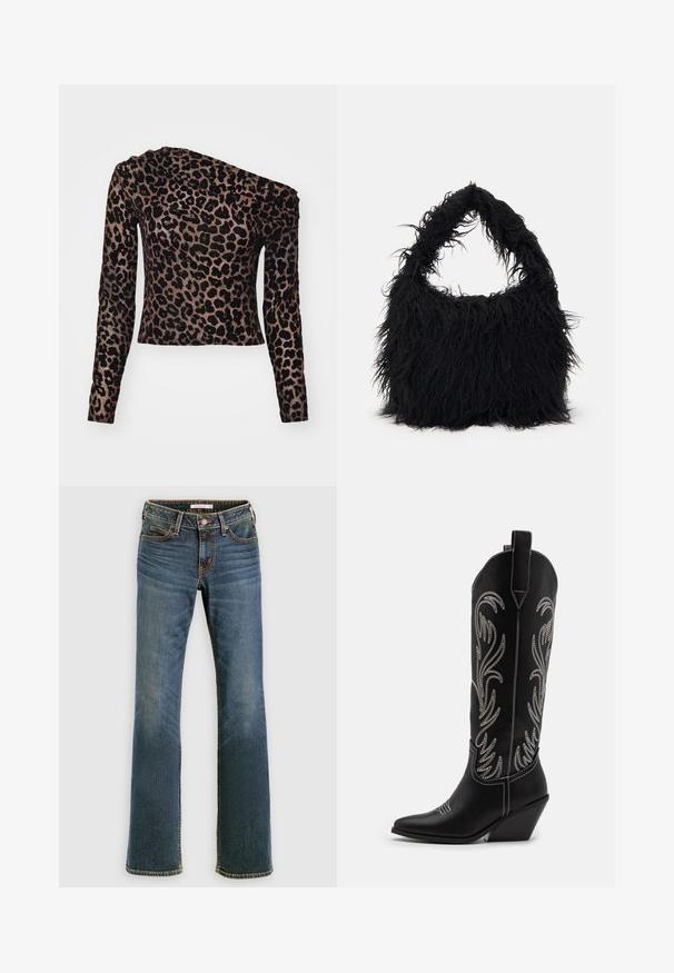 Long-sleeve, one-shoulder top in a brown fabric with a black leopard print pattern and textured accents along the shoulder.; Blue denim bootcut jeans with front and back pockets, button and zipper closure, and subtle faded detailing on thighs and knees.; Black leather cowboy boots with pointed toes, wedge heels, and silver embroidered floral patterns along the shaft. Contrast stitching throughout.; Even&Odd Tote bag - black