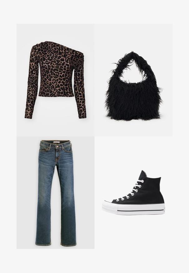 Långärmad, enaxlad topp i ett brunt tyg med ett svart leopardmönster och texturerade detaljer längs axeln.; Blå denim bootcut jeans med fram- och bakfickor, knäppning med knapp och dragkedja samt subtilt urtvättade detaljer på låren och knäna.; Svart hög sneakers i canvas med vita ögla, snören och gummisulor. Har en texturerad tåskydd och svartvita randiga detaljer.; Even&Odd Shoppingväska - black