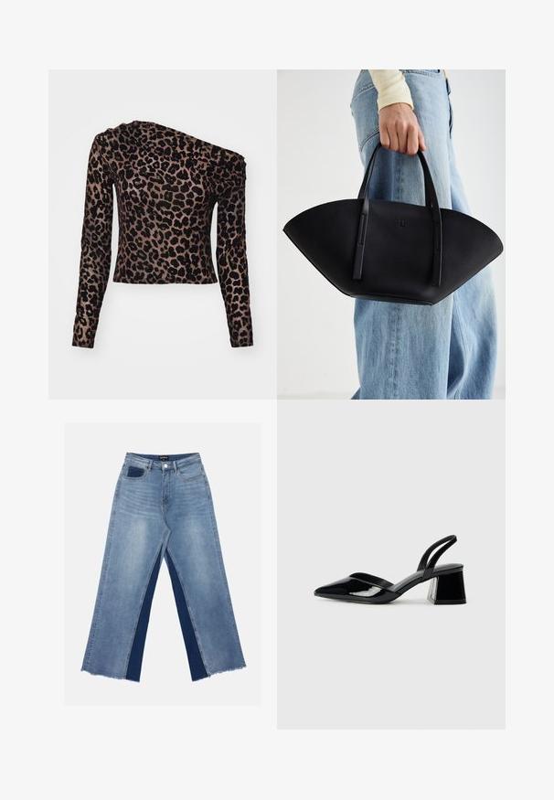 Hosszú ujjú, egyvállas felső barna szövetből, fekete leopárdmintával és texturált díszítéssel a vállnál.; Világoskék, bőszárú farmernadrág, kontrasztos sötétkék panelekkel, szálkás szegélyekkel, valamint normál derekú, fém gombos záródással.; Fekete lakk bőr szandálkés magas sarkú cipő, hegyes orral és geometrikus tömbsarkakkal. Karcsú, minimalista dizájn és sima textúra jellemzi.; Fekete bőr kézitáska egyedi legyezőformával, lapos füllel. A felülete kőriszerű textúrájú és minimalista dizájnnal rendelkezik.