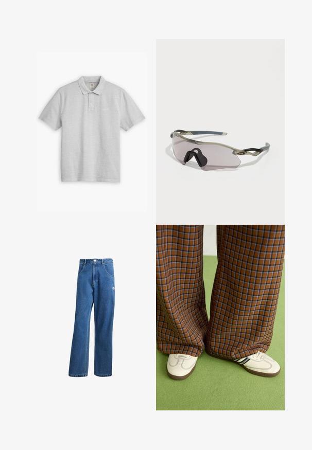 Világosszürke pólóing, pamutból készült. Klasszikus gallérral, két gombos záródással és kis hímzett logóval az említett részen.; Kék, magas derekú, bő szárú farmernadrág elülső zsebekkel, övhurkokkal, gombos záródással és kicsi Adidas logóval a jobb combon.; Barna és kék kockás, bőrt lábú nadrág, fehér cipővel, fekete részletekkel és texturált talppal, zöld háttér előtt.; Átlátszó szürke keretű napszemüveg, tónusos lencsékkel és szögletes dizájnnal. Kiemelkedő orrbetéte és texturált sötétszürke templomkarjai vannak.