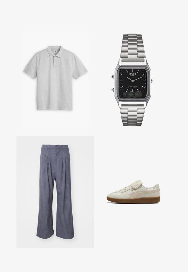 Světle šedé polo tričko vyrobené z bavlny. Má klasický límeček, dvouknoflíkovou légu a malé vyšívané logo na hrudi.; Šedé pruhované kalhoty s širokým střihem, zdobené sklady na přední straně a hladkou texturou. Žádné viditelné doplňky nebo akcenty.; Bílé kožené tenisky s texturovanými akcenty, gumovou podrážkou a zlatým logem. Obsahují tkaničky a suchý zip pro zapínání.; Stříbrné nerezové ocelové hodinky s quartzovým strojem a černým obdélníkovým ciferníkem, které mají analogové ručičky, digitální displej a označení voděodolnosti.