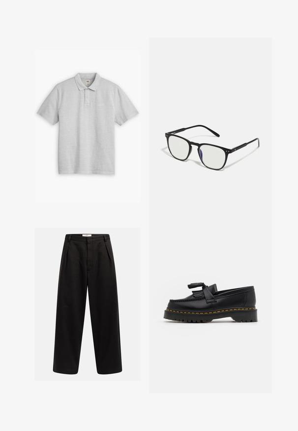 Světle šedé polo tričko vyrobené z bavlny. Má klasický límeček, dvouknoflíkovou légu a malé vyšívané logo na hrudi.; Černé kalhoty s širokými nohavicemi, předními záhyby, poutky na opasek a skrytým zapínáním, označené "Rebel" na pásku.; Černé kožené mokasíny s třásněmi, se silnou černou podrážkou a žlutým prošíváním podél okraje. Texturovaný povrch.; Černé obdélníkové sluneční brýle s průhlednými skly, kovovými akcenty a tenkými stranami. Mají mírný oblouk v oblasti spánků.; Černá kožená taška přes rameno se stříbrnými sponami, žlutým prošíváním, nastavitelným popruhem a přední kapsou. Logo značky umístěné na přední straně.