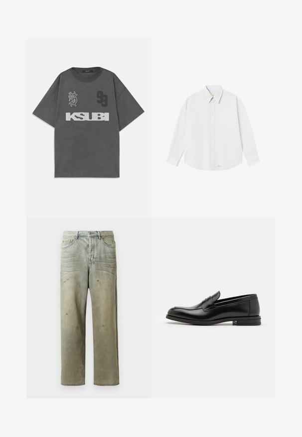 Šedé oversized tričko s kulatým výstřihem. Obsahuje bílý text "KSUBI", číslo "99" a grafický design. Vyrobeno z měkké látky.; Bílá košile na knoflíky s klasickým límcem, dlouhými rukávy a zaobleným lemem; na dolní levé straně je malá oranžová značka.; Odstřižené džíny v světle zelené barvě, se rovnými nohavicemi, pěti kapsami a nerovnoměrným vyblednutím s barevnými skvrnami.; Černé kožené polobotky s hladkou texturou, zaoblenou špičkou a zdobným páskem přes nárt. Nízký stohovaný podpatek, minimalistický design.